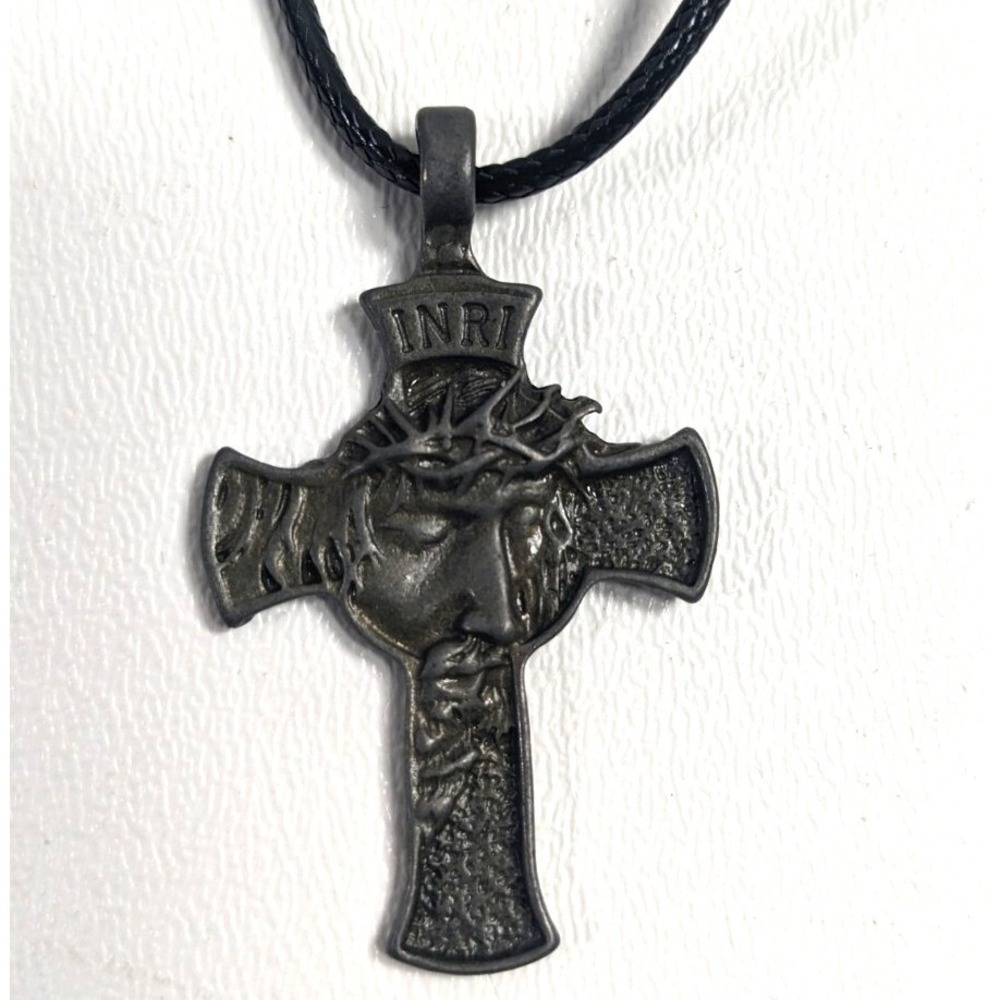 Jesus Christ Face Crucifix Cross Pendant Necklace INRI Gunmetal Black Cord - Picture 1 of 9
